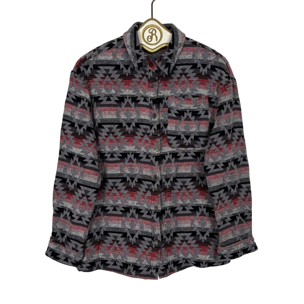 Mountain and Isles Shirt Women M Gray Red Southwestern Aztec Tribal Button Down